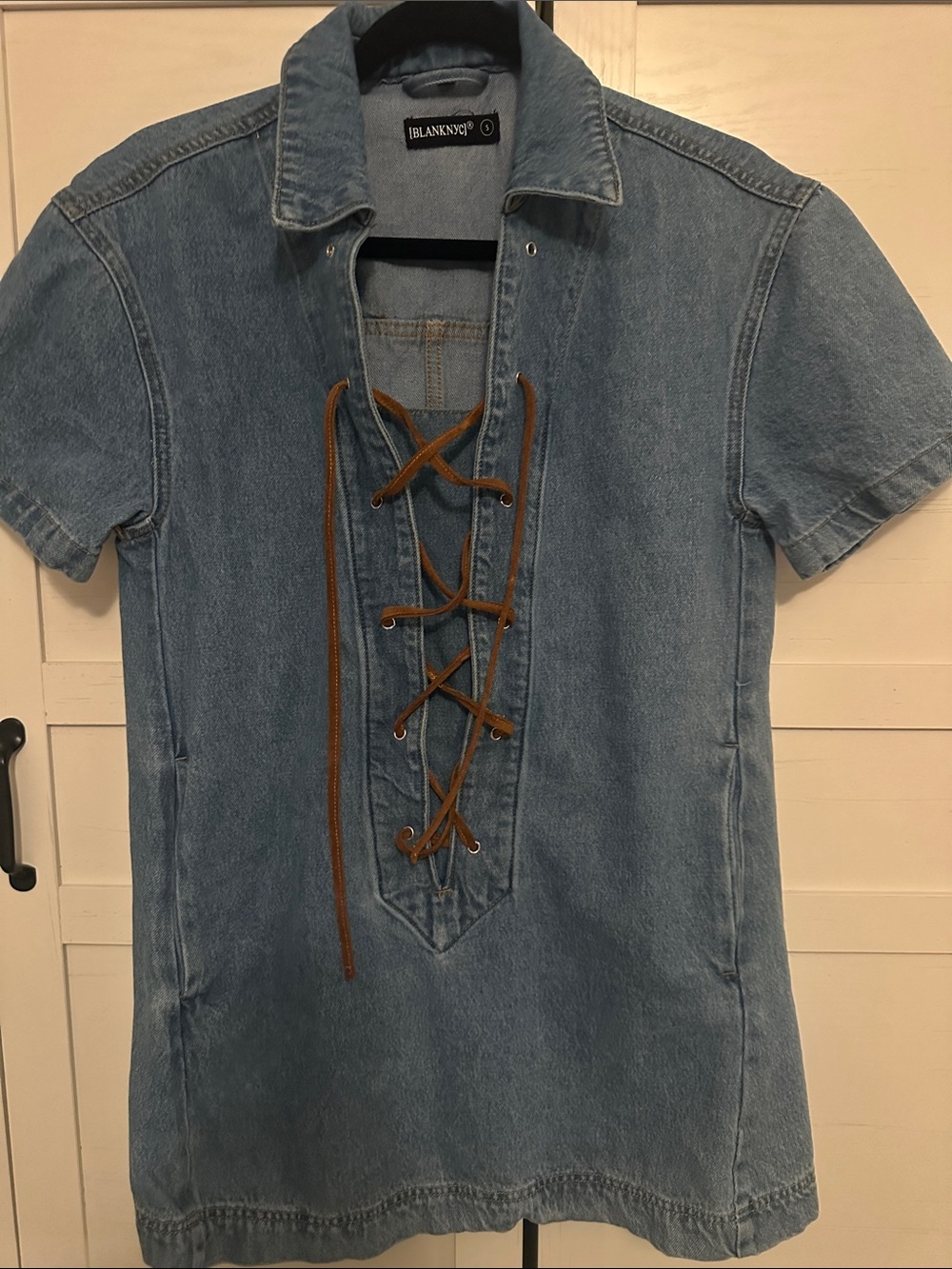 Blank NYC Light Blue Denim Lace-Up Short Sleeve Tunic